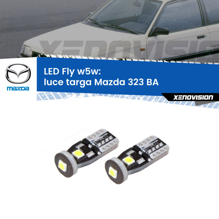 <strong>luce targa LED per Mazda 323</strong> BA 1994 - 1998. Coppia lampadine <strong>w5w</strong> Canbus compatte modello Fly Xenovision.