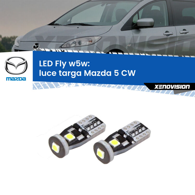 <strong>luce targa LED per Mazda 5</strong> CW 2010 in poi. Coppia lampadine <strong>w5w</strong> Canbus compatte modello Fly Xenovision.