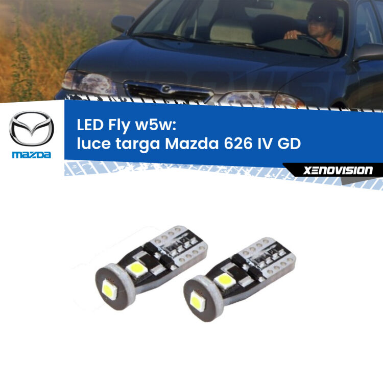 <strong>luce targa LED per Mazda 626 IV</strong> GD 1987 - 1992. Coppia lampadine <strong>w5w</strong> Canbus compatte modello Fly Xenovision.