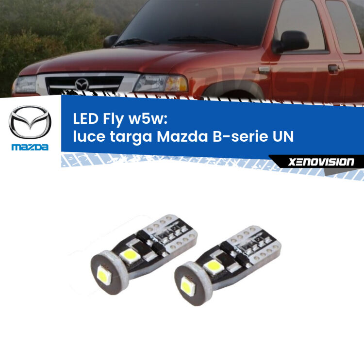 <strong>luce targa LED per Mazda B-serie</strong> UN 1999 - 2006. Coppia lampadine <strong>w5w</strong> Canbus compatte modello Fly Xenovision.