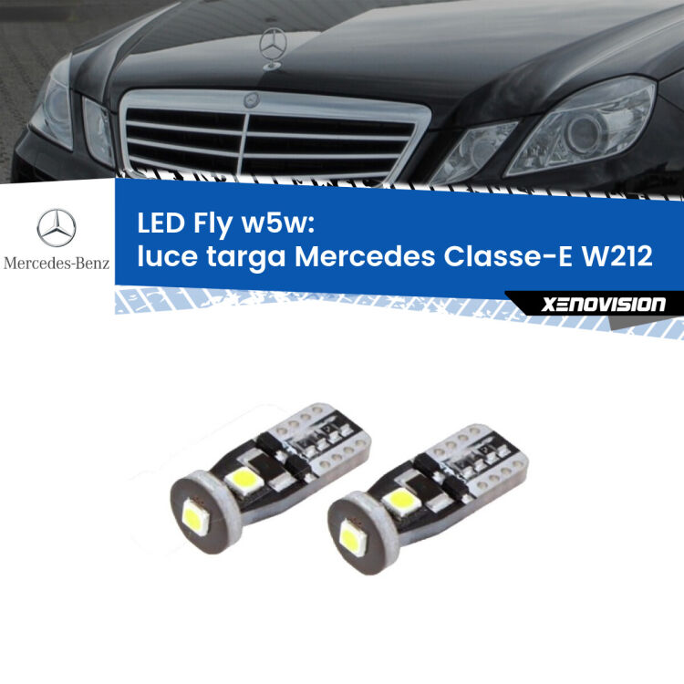 <strong>luce targa LED per Mercedes Classe-E</strong> W212 2009 - 2016. Coppia lampadine <strong>w5w</strong> Canbus compatte modello Fly Xenovision.