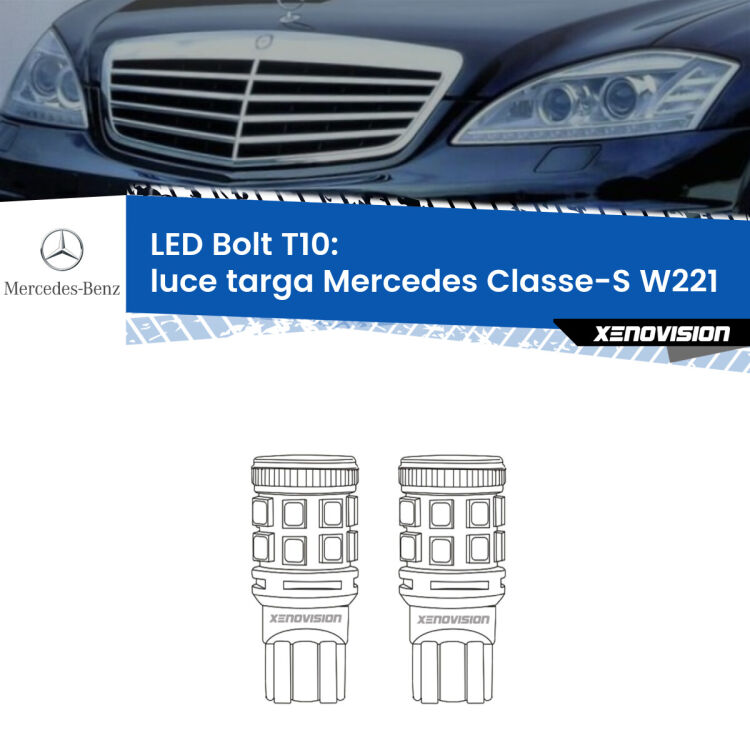 <strong>Luce Targa LED per Mercedes Classe-S</strong> W221 2005 - 2013. Coppia lampade <strong>T10</strong> modello Bolt canbus.