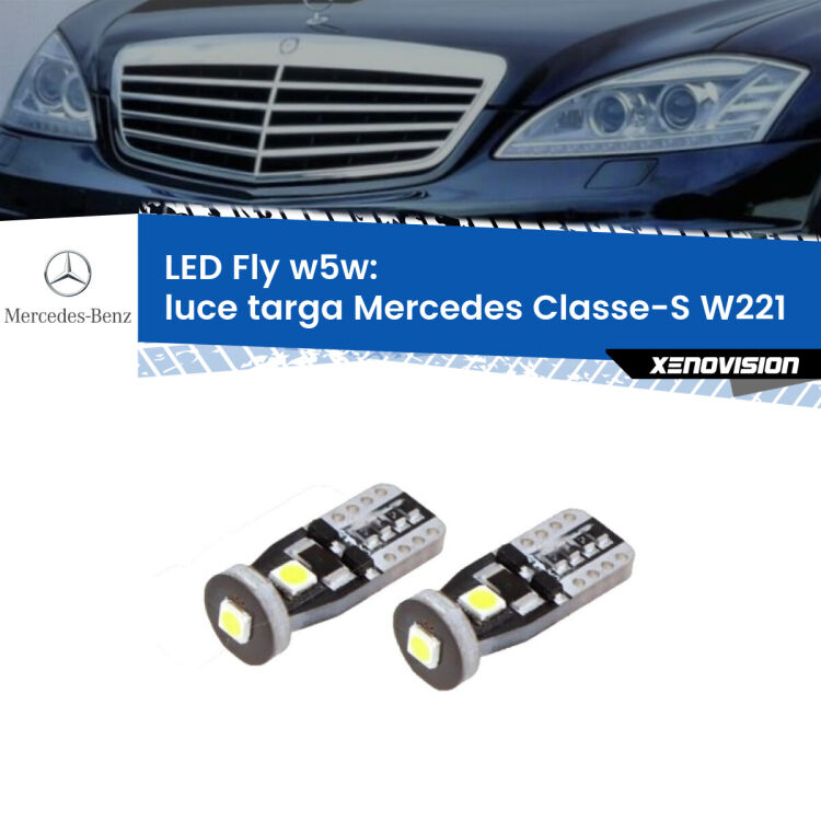 <strong>luce targa LED per Mercedes Classe-S</strong> W221 2005 - 2013. Coppia lampadine <strong>w5w</strong> Canbus compatte modello Fly Xenovision.