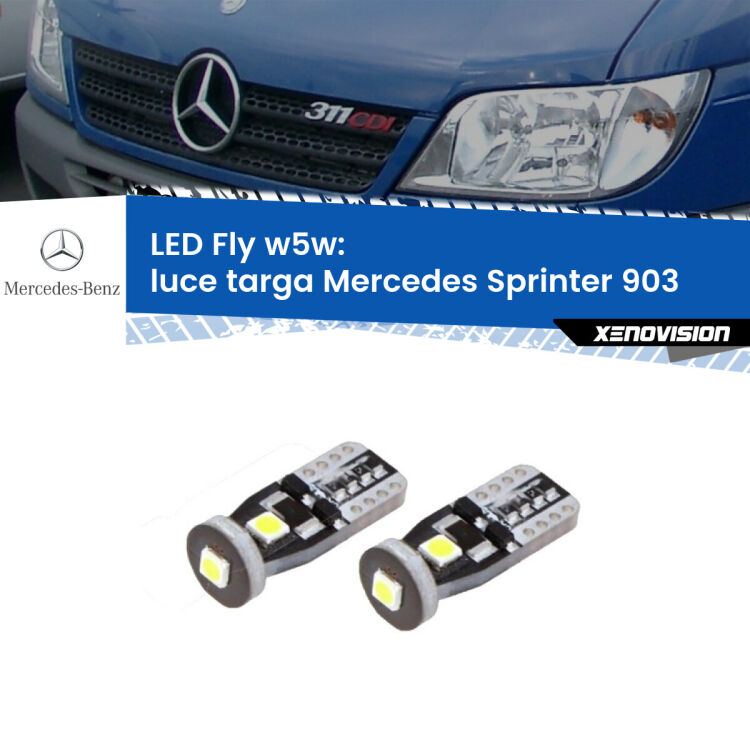 <strong>luce targa LED per Mercedes Sprinter</strong> 903 1995 - 2006. Coppia lampadine <strong>w5w</strong> Canbus compatte modello Fly Xenovision.