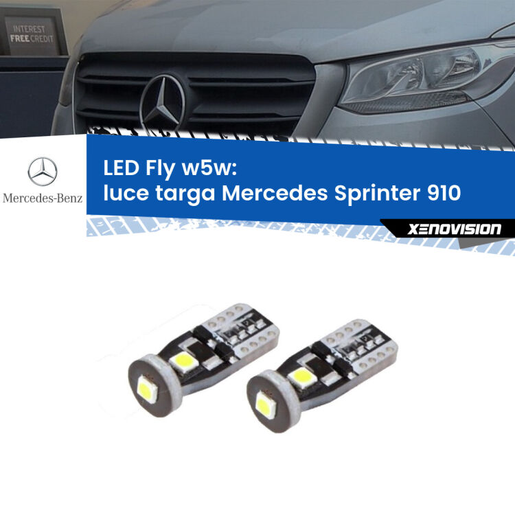 <strong>luce targa LED per Mercedes Sprinter</strong> 910 2018 in poi. Coppia lampadine <strong>w5w</strong> Canbus compatte modello Fly Xenovision.