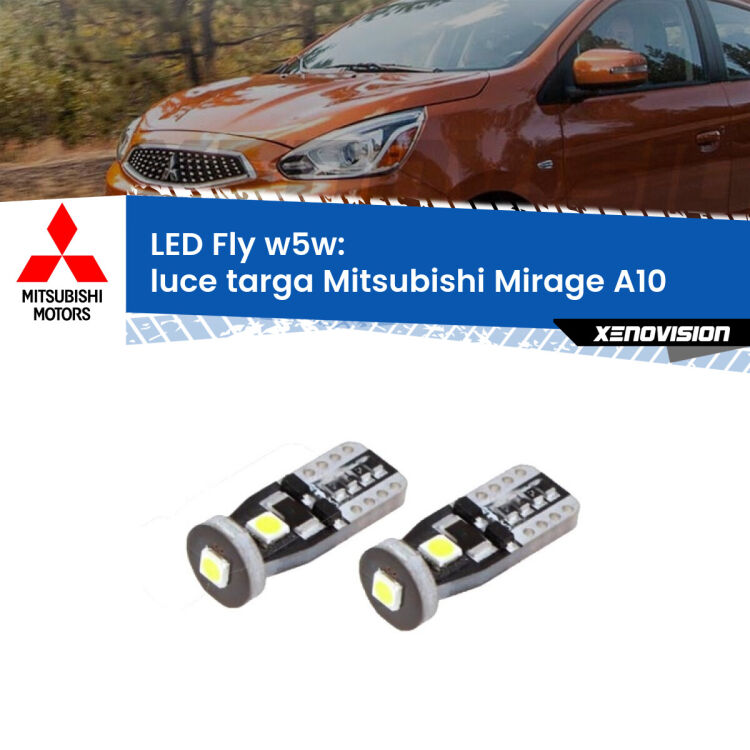 <strong>luce targa LED per Mitsubishi Mirage</strong> A10 2013 in poi. Coppia lampadine <strong>w5w</strong> Canbus compatte modello Fly Xenovision.