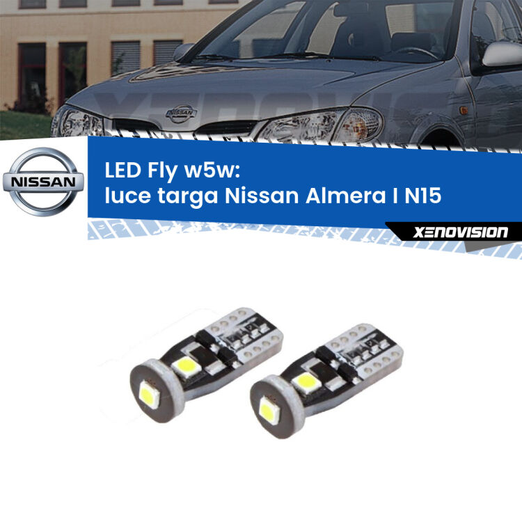 <strong>luce targa LED per Nissan Almera I</strong> N15 1995 - 2000. Coppia lampadine <strong>w5w</strong> Canbus compatte modello Fly Xenovision.