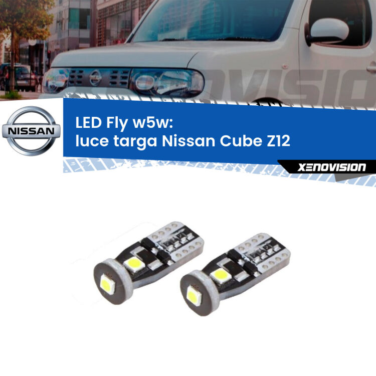 <strong>luce targa LED per Nissan Cube</strong> Z12 2008 - 2012. Coppia lampadine <strong>w5w</strong> Canbus compatte modello Fly Xenovision.