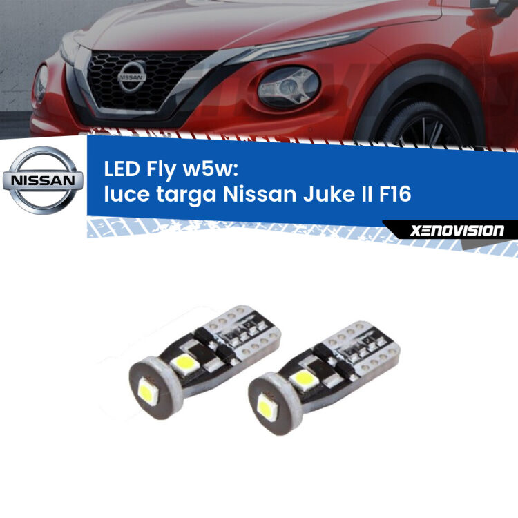 <strong>luce targa LED per Nissan Juke II</strong> F16 2019 in poi. Coppia lampadine <strong>w5w</strong> Canbus compatte modello Fly Xenovision.