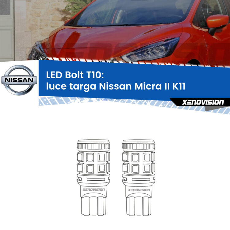 <strong>Luce Targa LED per Nissan Micra II</strong> K11 1992 - 2003. Coppia lampade <strong>T10</strong> modello Bolt canbus.