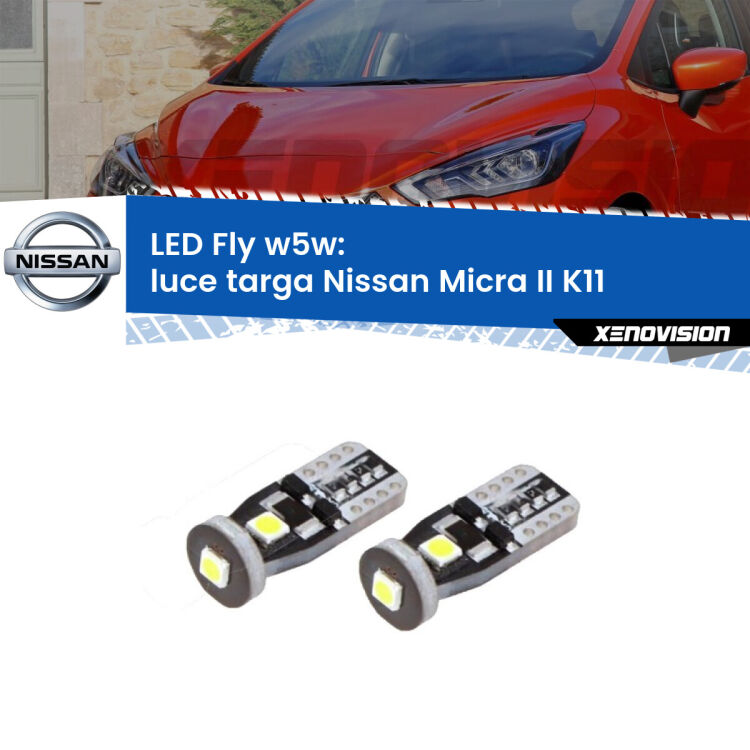 <strong>luce targa LED per Nissan Micra II</strong> K11 1992 - 2003. Coppia lampadine <strong>w5w</strong> Canbus compatte modello Fly Xenovision.