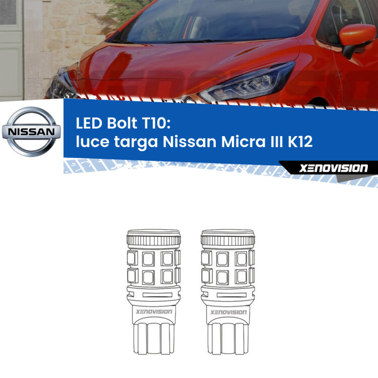 <strong>Luce Targa LED per Nissan Micra III</strong> K12 2002 - 2010. Coppia lampade <strong>T10</strong> modello Bolt canbus.