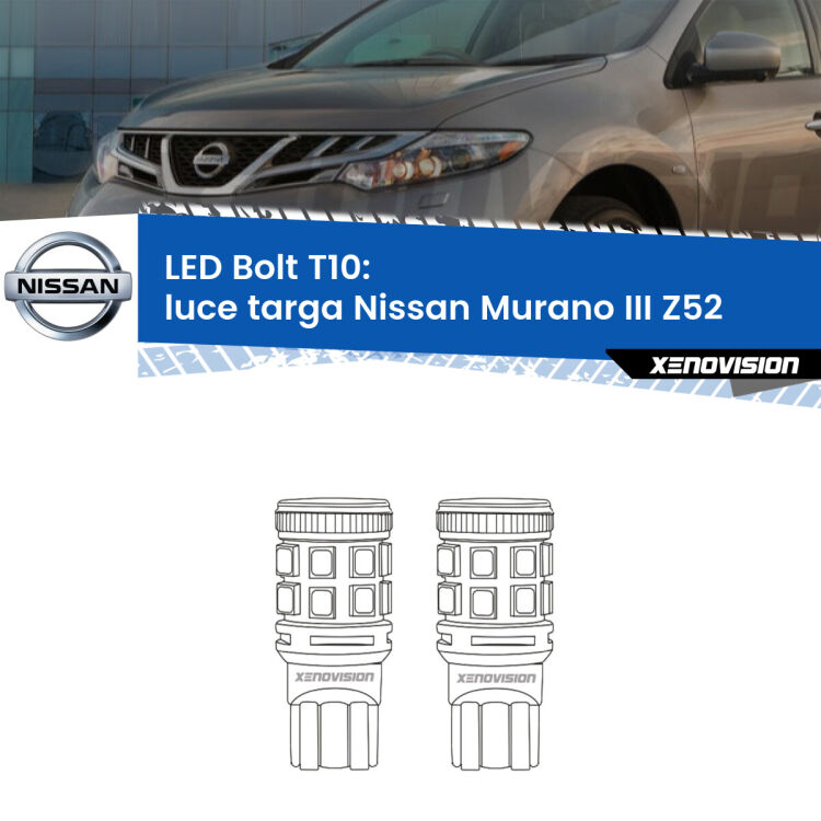 <strong>Luce Targa LED per Nissan Murano III</strong> Z52 2014 in poi. Coppia lampade <strong>T10</strong> modello Bolt canbus.