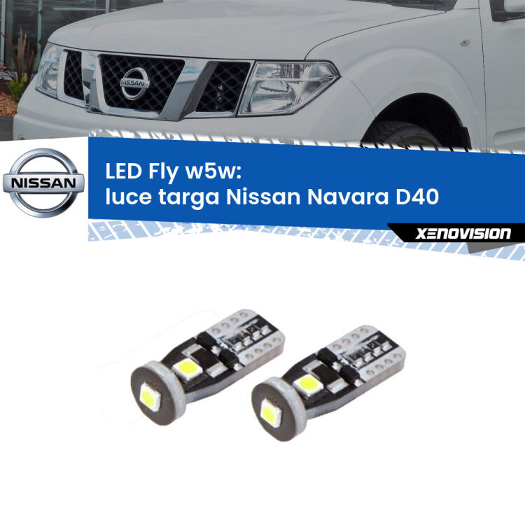 <strong>luce targa LED per Nissan Navara</strong> D40 2004 - 2016. Coppia lampadine <strong>w5w</strong> Canbus compatte modello Fly Xenovision.