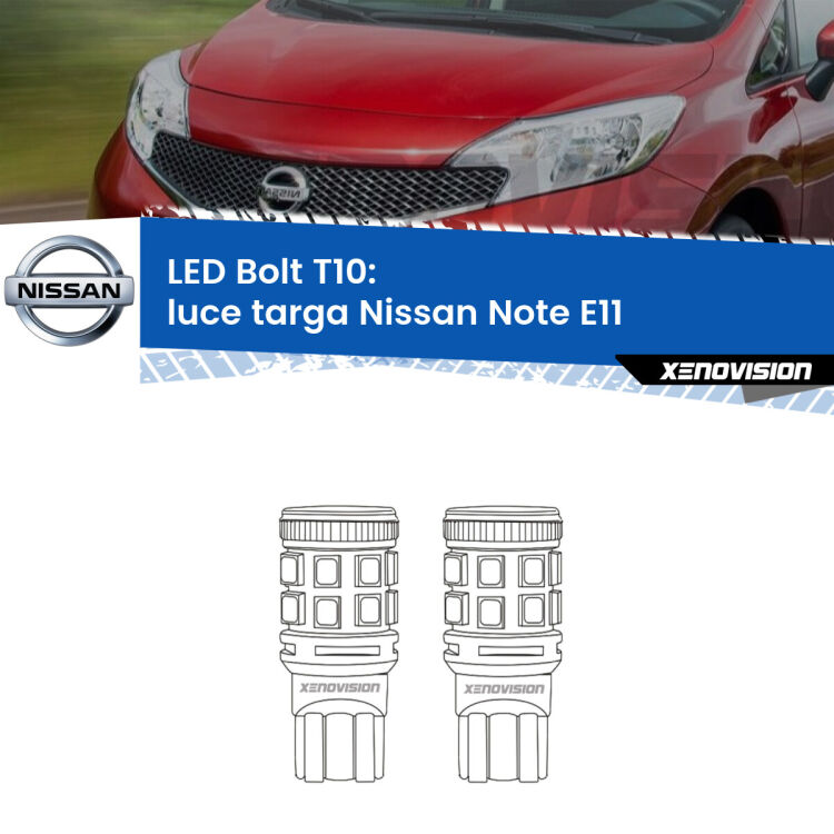 <strong>Luce Targa LED per Nissan Note</strong> E11 2006 - 2013. Coppia lampade <strong>T10</strong> modello Bolt canbus.