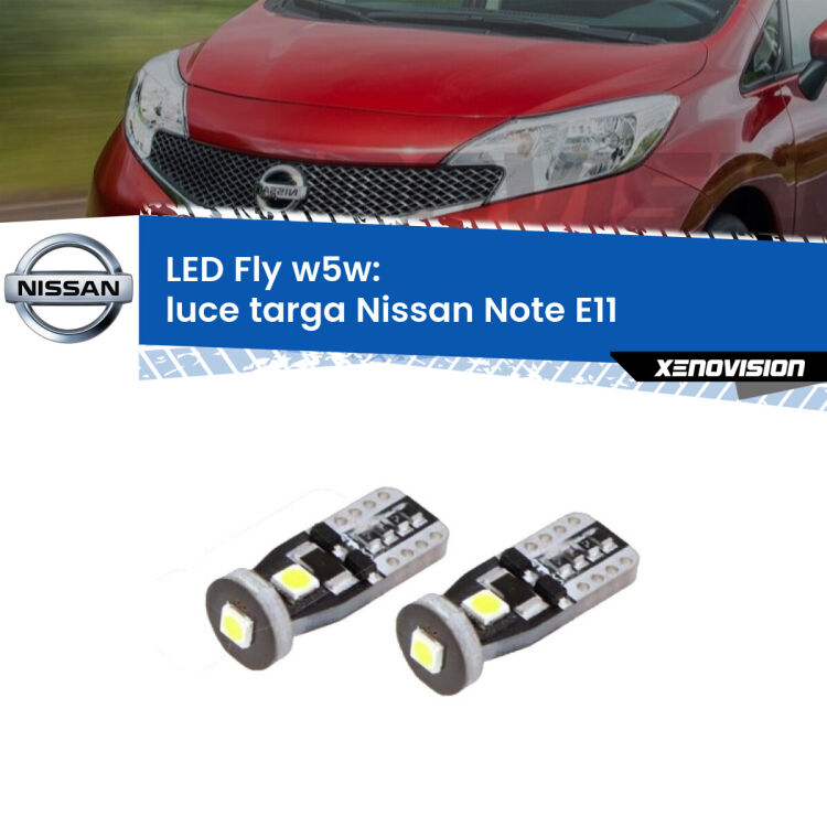 <strong>luce targa LED per Nissan Note</strong> E11 2006 - 2013. Coppia lampadine <strong>w5w</strong> Canbus compatte modello Fly Xenovision.