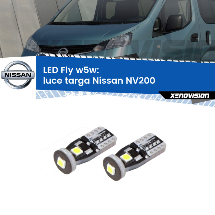 <strong>luce targa LED per Nissan NV200</strong>  2010 - 2019. Coppia lampadine <strong>w5w</strong> Canbus compatte modello Fly Xenovision.