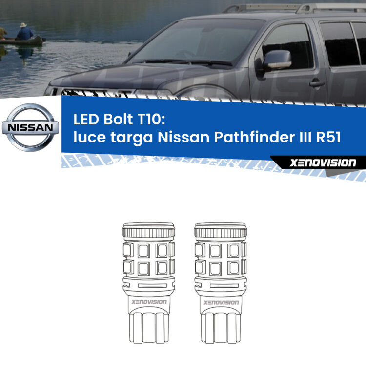 <strong>Luce Targa LED per Nissan Pathfinder III</strong> R51 2005 - 2011. Coppia lampade <strong>T10</strong> modello Bolt canbus.