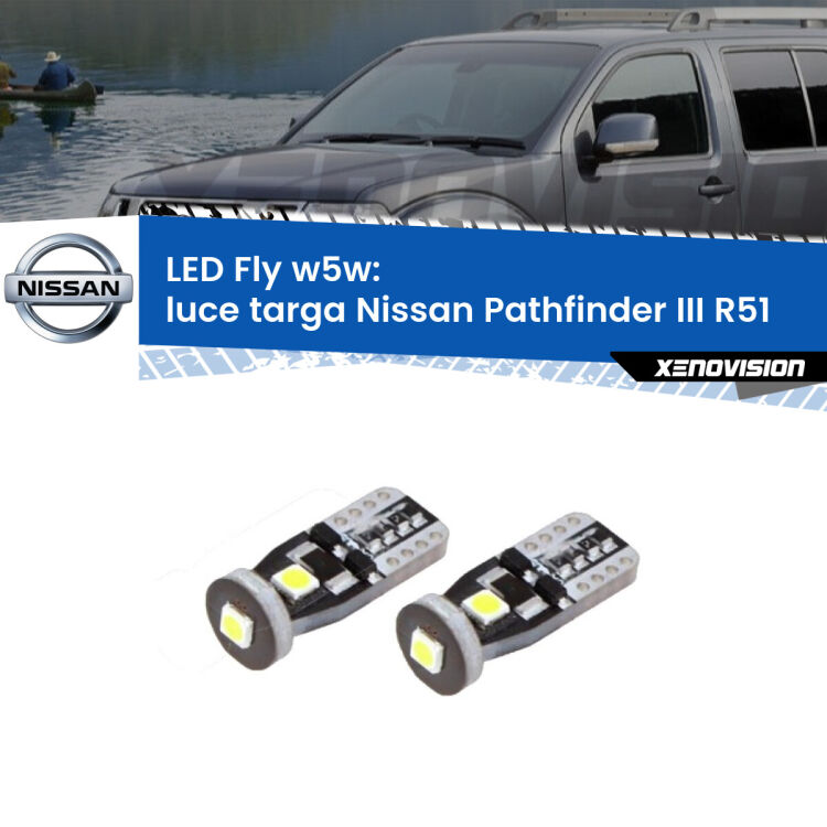 <strong>luce targa LED per Nissan Pathfinder III</strong> R51 2005 - 2011. Coppia lampadine <strong>w5w</strong> Canbus compatte modello Fly Xenovision.