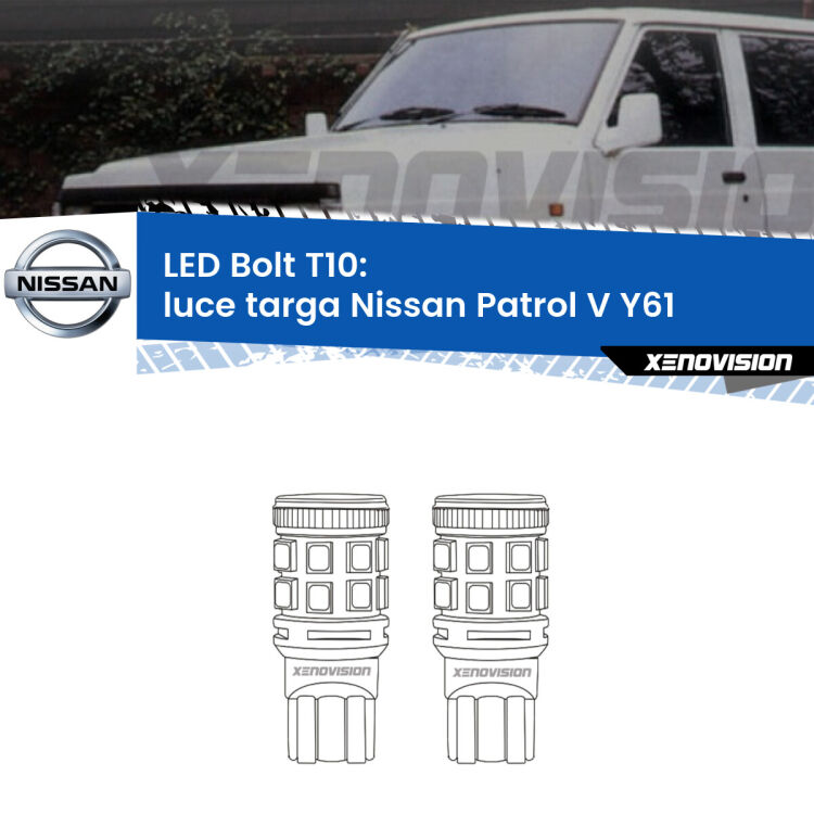 <strong>Luce Targa LED per Nissan Patrol V</strong> Y61 1997 - 2009. Coppia lampade <strong>T10</strong> modello Bolt canbus.