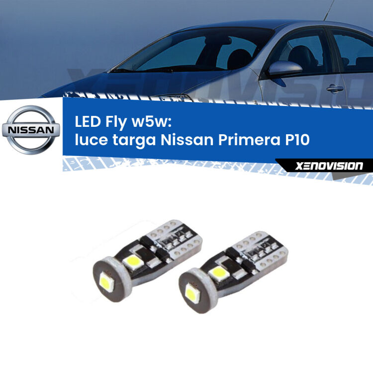 <strong>luce targa LED per Nissan Primera</strong> P10 1990 - 1996. Coppia lampadine <strong>w5w</strong> Canbus compatte modello Fly Xenovision.