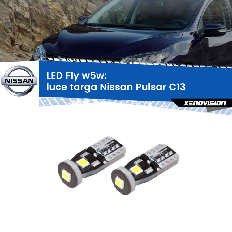 <strong>luce targa LED per Nissan Pulsar</strong> C13 2014 - 2018. Coppia lampadine <strong>w5w</strong> Canbus compatte modello Fly Xenovision.