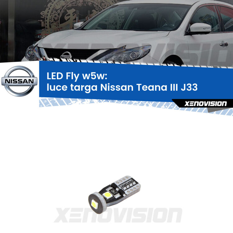 <strong>luce targa LED per Nissan Teana III</strong> J33 2013 in poi. Coppia lampadine <strong>w5w</strong> Canbus compatte modello Fly Xenovision.