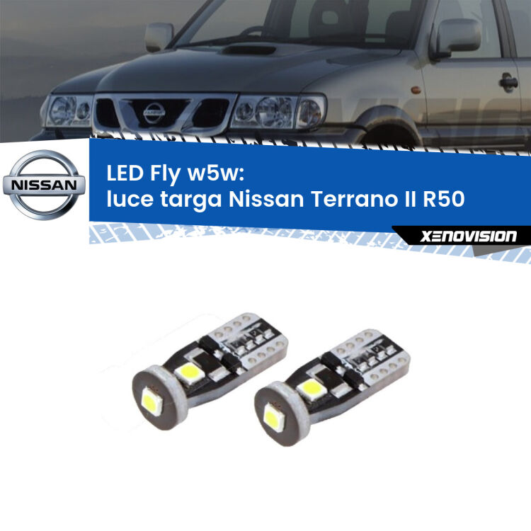 <strong>luce targa LED per Nissan Terrano II</strong> R50 1997 - 2004. Coppia lampadine <strong>w5w</strong> Canbus compatte modello Fly Xenovision.