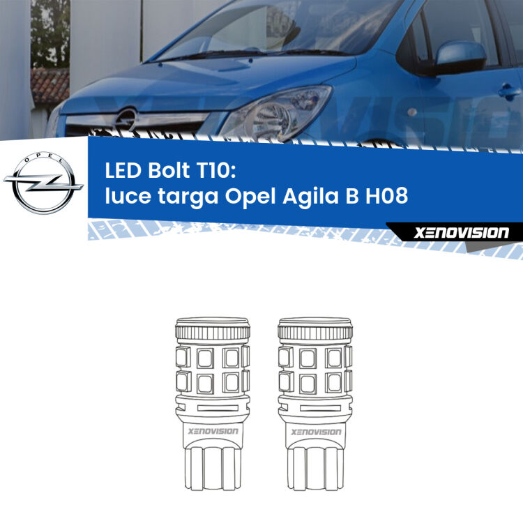 <strong>Luce Targa LED per Opel Agila B</strong> H08 2008 - 2014. Coppia lampade <strong>T10</strong> modello Bolt canbus.