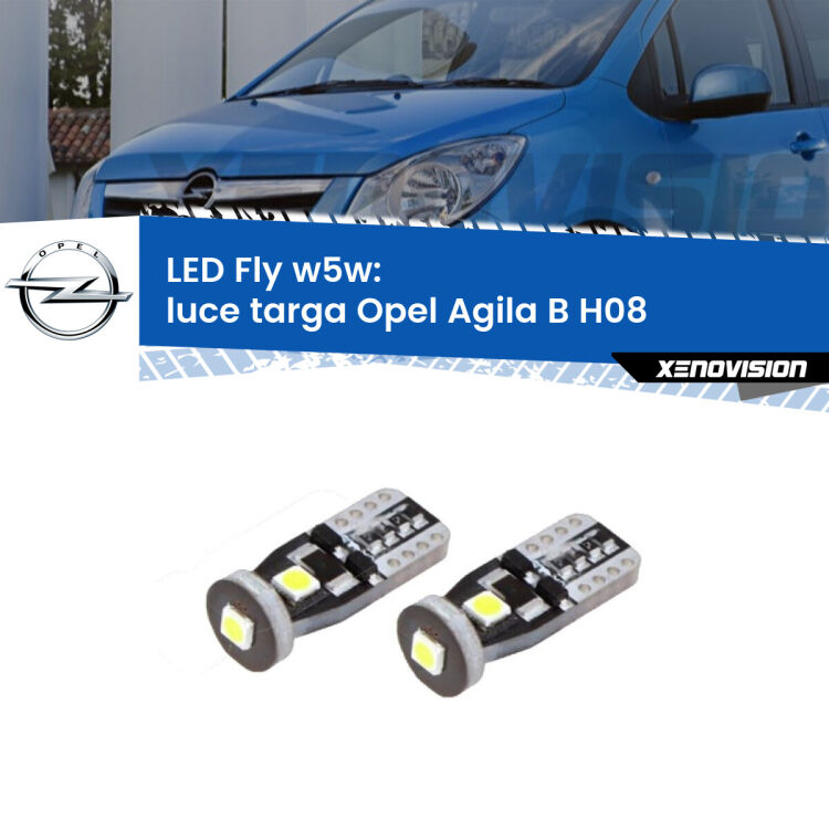 <strong>luce targa LED per Opel Agila B</strong> H08 2008 - 2014. Coppia lampadine <strong>w5w</strong> Canbus compatte modello Fly Xenovision.