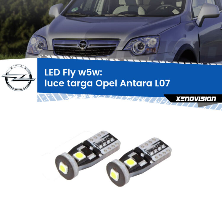 <strong>luce targa LED per Opel Antara</strong> L07 2006 - 2015. Coppia lampadine <strong>w5w</strong> Canbus compatte modello Fly Xenovision.