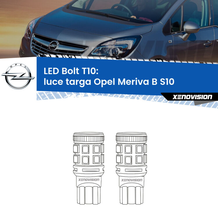 <strong>Luce Targa LED per Opel Meriva B</strong> S10 2010 - 2017. Coppia lampade <strong>T10</strong> modello Bolt canbus.