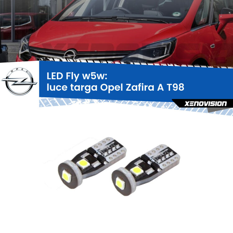 <strong>luce targa LED per Opel Zafira A</strong> T98 2003 - 2005. Coppia lampadine <strong>w5w</strong> Canbus compatte modello Fly Xenovision.