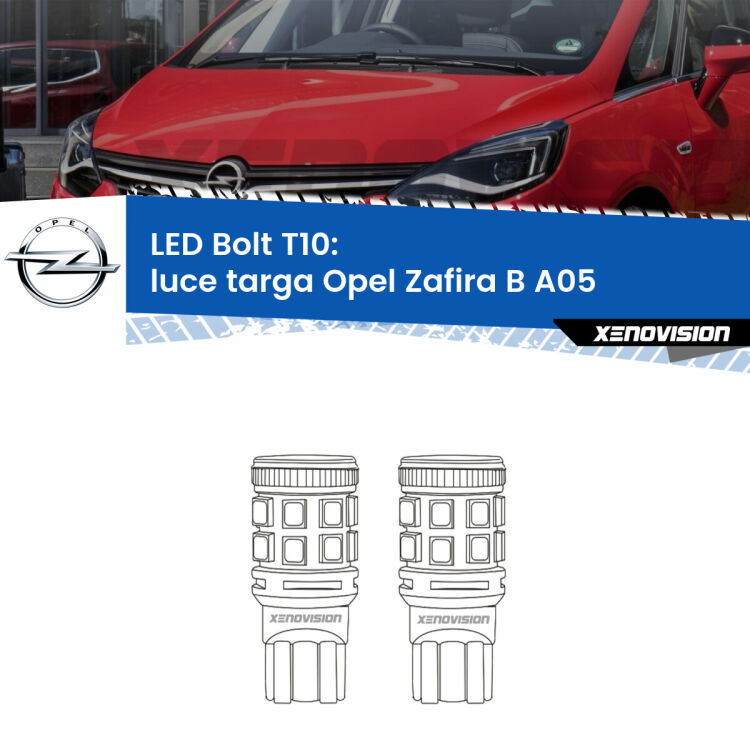 <strong>Luce Targa LED per Opel Zafira B</strong> A05 2005 - 2015. Coppia lampade <strong>T10</strong> modello Bolt canbus.