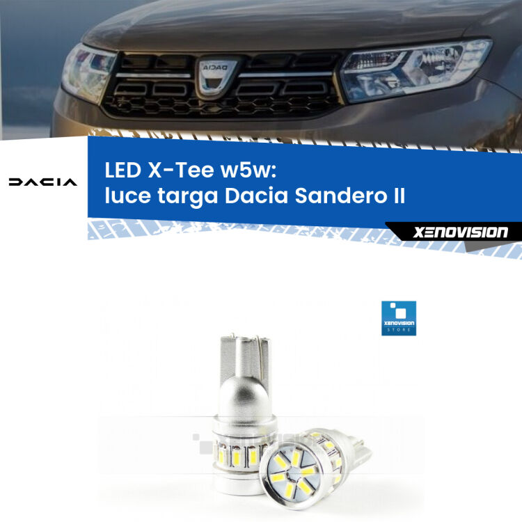 <strong>LED luce targa per Dacia Sandero II</strong>  2012 in poi. Lampade <strong>W5W</strong> modello X-Tee Xenovision top di gamma.