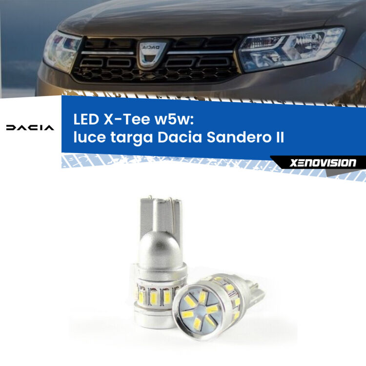 <strong>LED luce targa per Dacia Sandero II</strong>  2012 in poi. Lampade <strong>W5W</strong> modello X-Tee Xenovision top di gamma.