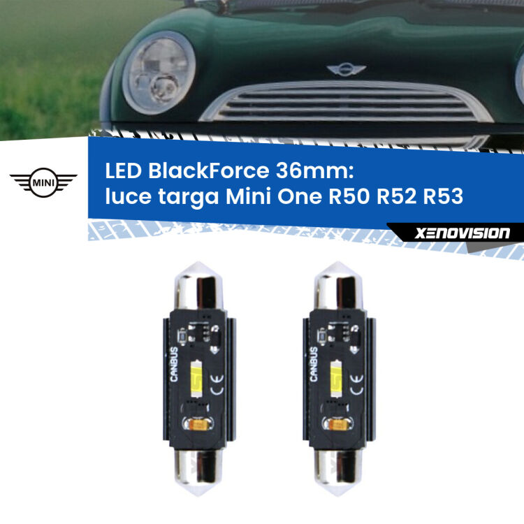 <strong>Luce Targa LED per Mini One</strong> R50 R52 R53 2001 - 2006. Coppia lampade <strong>C5W</strong> 36mm modello BlackForce canbus.