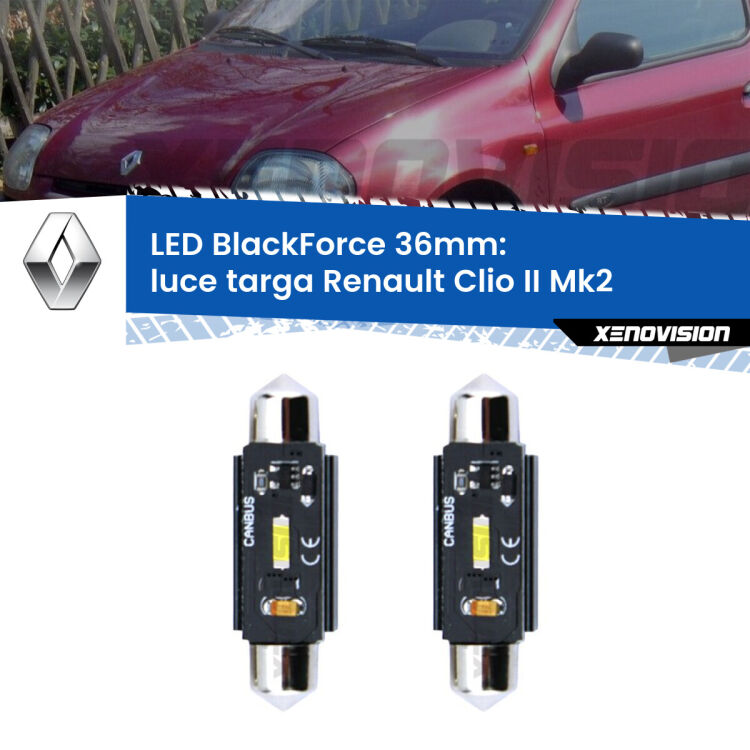 <strong>Luce Targa LED per Renault Clio II</strong> Mk2 1998 - 2004. Coppia lampade <strong>C5W</strong> 36mm modello BlackForce canbus.