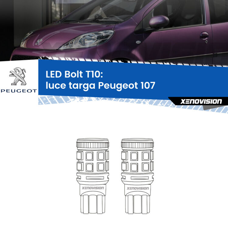 <strong>Luce Targa LED per Peugeot 107</strong>  2005 - 2014. Coppia lampade <strong>T10</strong> modello Bolt canbus.