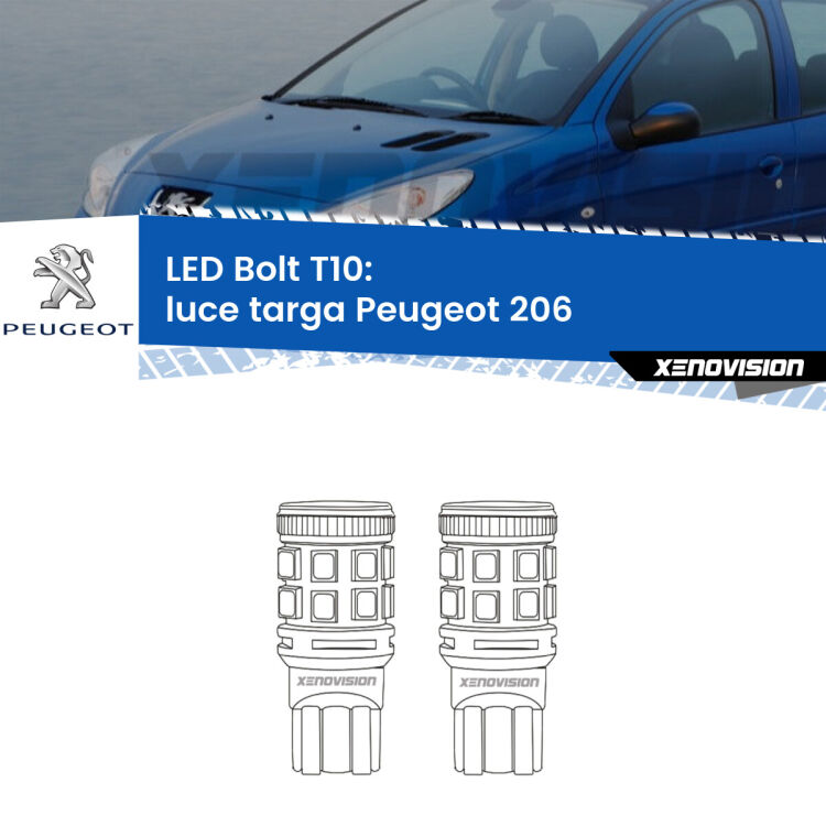 <strong>Luce Targa LED per Peugeot 206</strong>  1998 - 2009. Coppia lampade <strong>T10</strong> modello Bolt canbus.