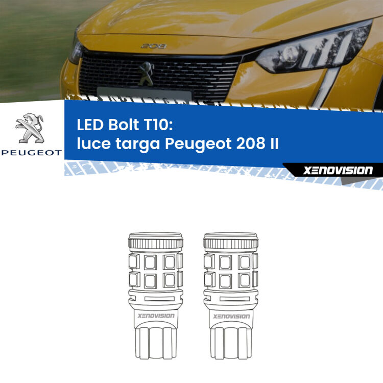 <strong>Luce Targa LED per Peugeot 208</strong> II 2019 in poi. Coppia lampade <strong>T10</strong> modello Bolt canbus.