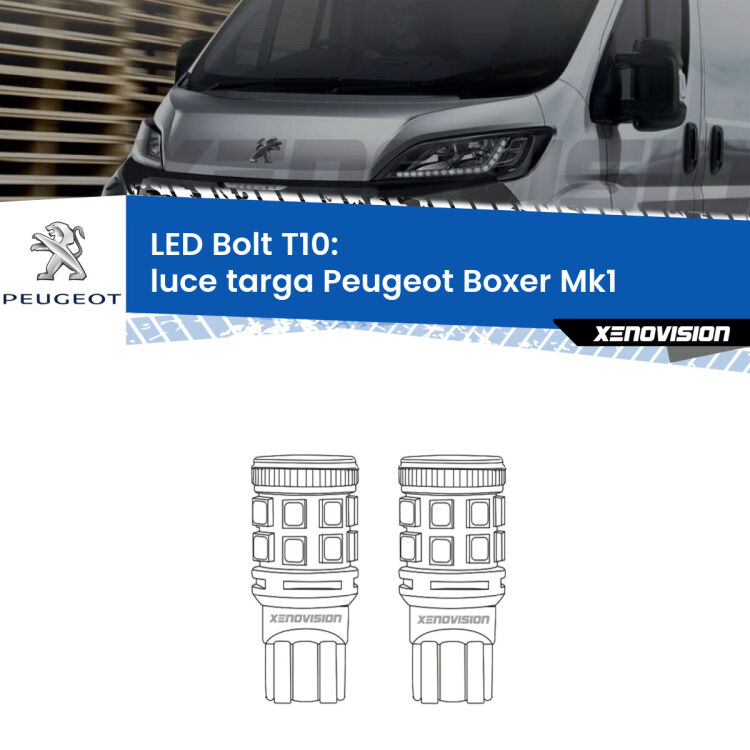 <strong>Luce Targa LED per Peugeot Boxer</strong> Mk1 1994 - 2002. Coppia lampade <strong>T10</strong> modello Bolt canbus.