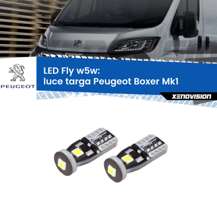 <strong>luce targa LED per Peugeot Boxer</strong> Mk1 1994 - 2002. Coppia lampadine <strong>w5w</strong> Canbus compatte modello Fly Xenovision.