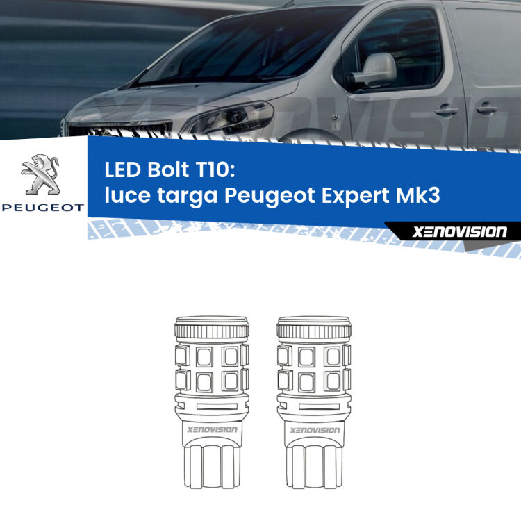 <strong>Luce Targa LED per Peugeot Expert</strong> Mk3 2016 in poi. Coppia lampade <strong>T10</strong> modello Bolt canbus.