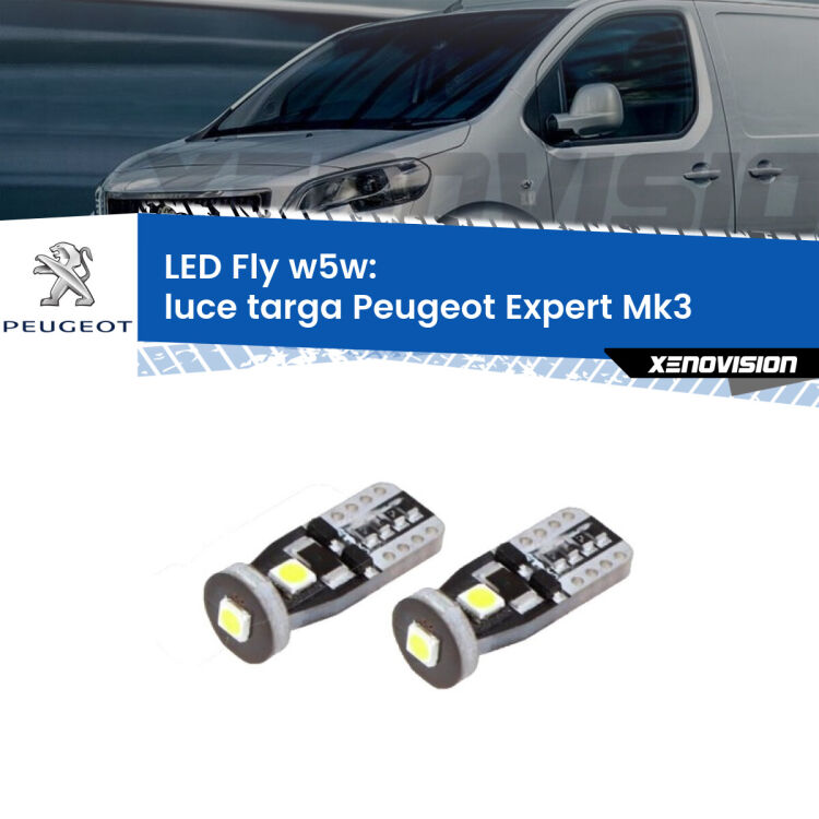 <strong>luce targa LED per Peugeot Expert</strong> Mk3 2016 in poi. Coppia lampadine <strong>w5w</strong> Canbus compatte modello Fly Xenovision.