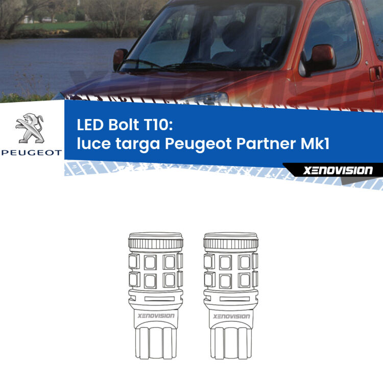 <strong>Luce Targa LED per Peugeot Partner</strong> Mk1 1996 - 2007. Coppia lampade <strong>T10</strong> modello Bolt canbus.