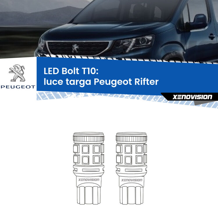 <strong>Luce Targa LED per Peugeot Rifter</strong>  2018 in poi. Coppia lampade <strong>T10</strong> modello Bolt canbus.