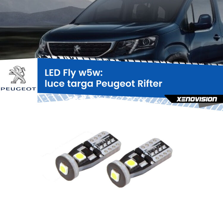 <strong>luce targa LED per Peugeot Rifter</strong>  2018 in poi. Coppia lampadine <strong>w5w</strong> Canbus compatte modello Fly Xenovision.