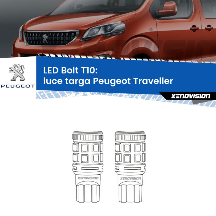 <strong>Luce Targa LED per Peugeot Traveller</strong>  2016 in poi. Coppia lampade <strong>T10</strong> modello Bolt canbus.