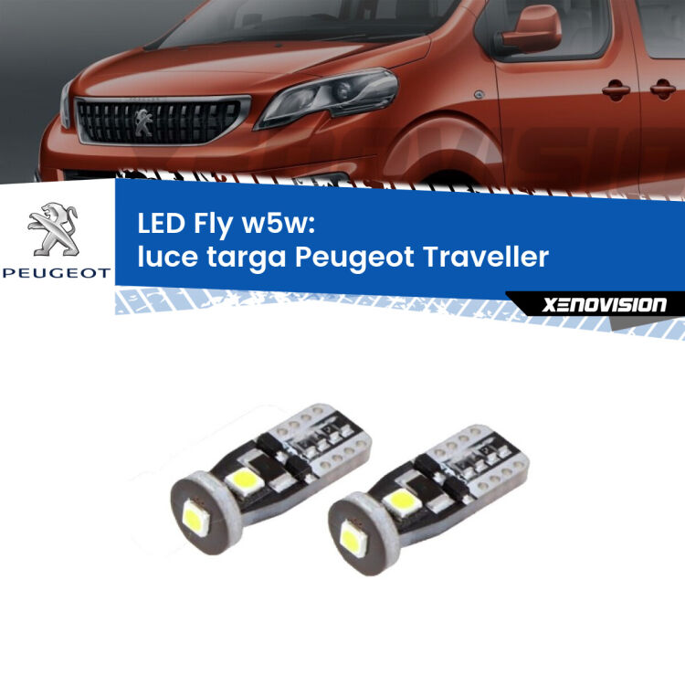 <strong>luce targa LED per Peugeot Traveller</strong>  2016 in poi. Coppia lampadine <strong>w5w</strong> Canbus compatte modello Fly Xenovision.